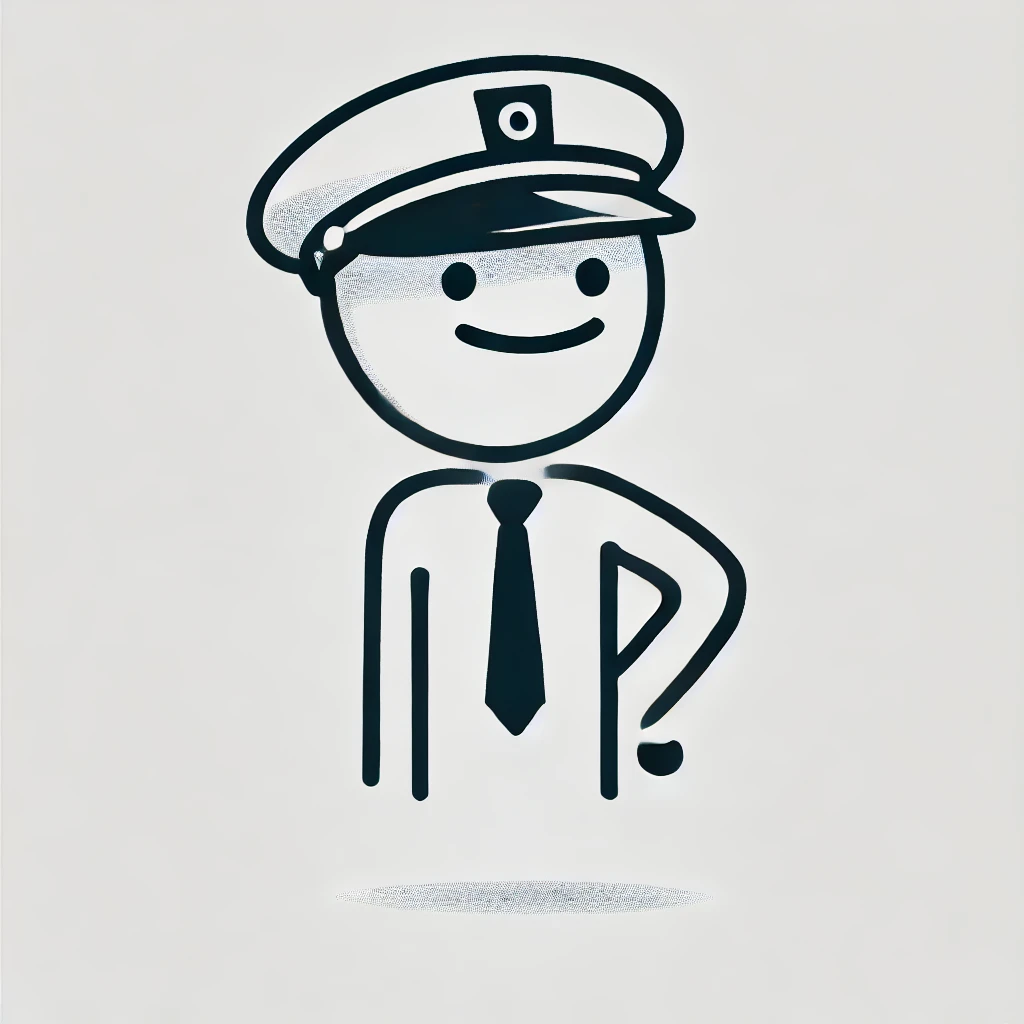 Cartoon illustration of a smiling police officer in uniform and cap, representing law and regulation themes.