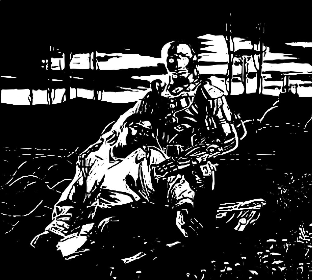 Black and white illustration of a futuristic soldier with a weapon, set in a dramatic landscape.