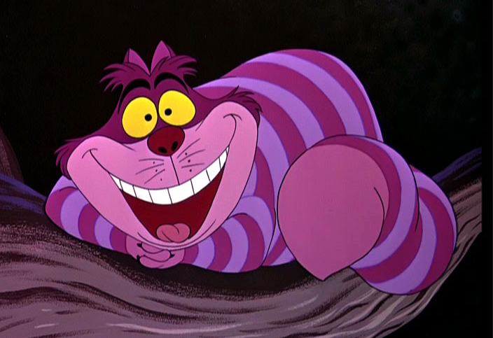 Cheshire Cat from Alice in Wonderland, smiling and lounging on a branch, with vibrant purple stripes and large yellow eyes.