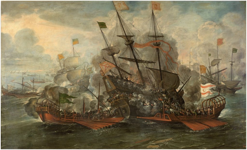 Naval battle scene with smoke and ships in conflict, illustrating historical maritime warfare dynamics.