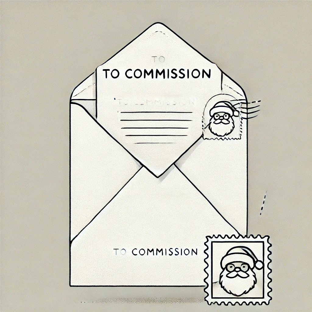 Envelope with a letter addressed to "To Commission" featuring a Santa stamp, symbolizing holiday correspondence.
