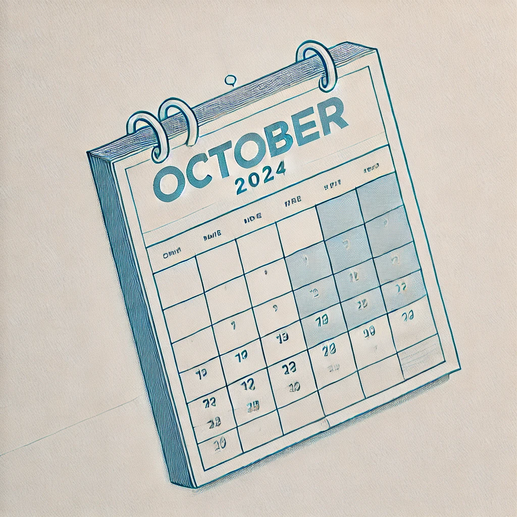 October 2024 calendar illustration, emphasizing important dates for legal deadlines and events in the EU legal sector.