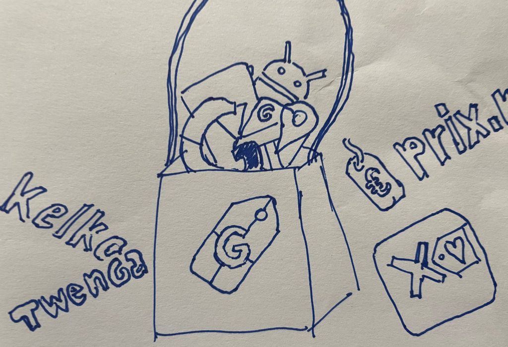 Illustration of a shopping bag filled with tech items and logos, representing online shopping and digital services.