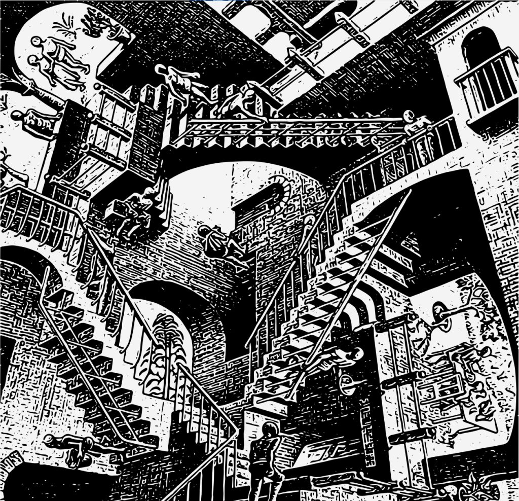 Black and white illustration of an impossible staircase with figures, reflecting themes of complexity and regulation.