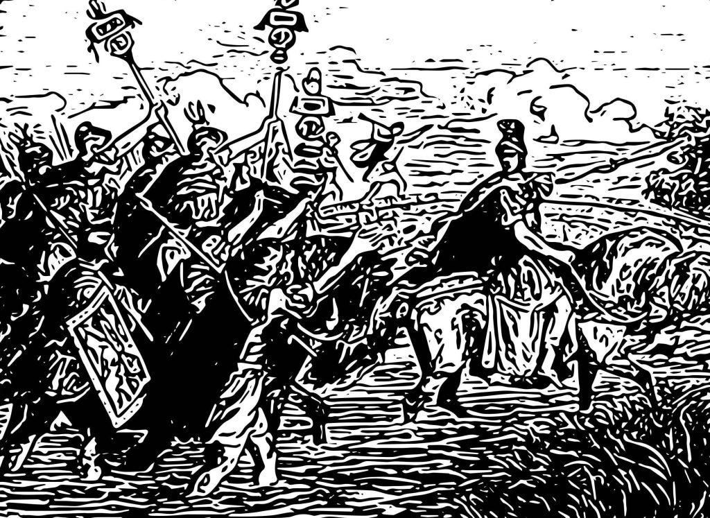 Historic scene of warriors marching with banners and shields, symbolizing leadership and conflict in the past.