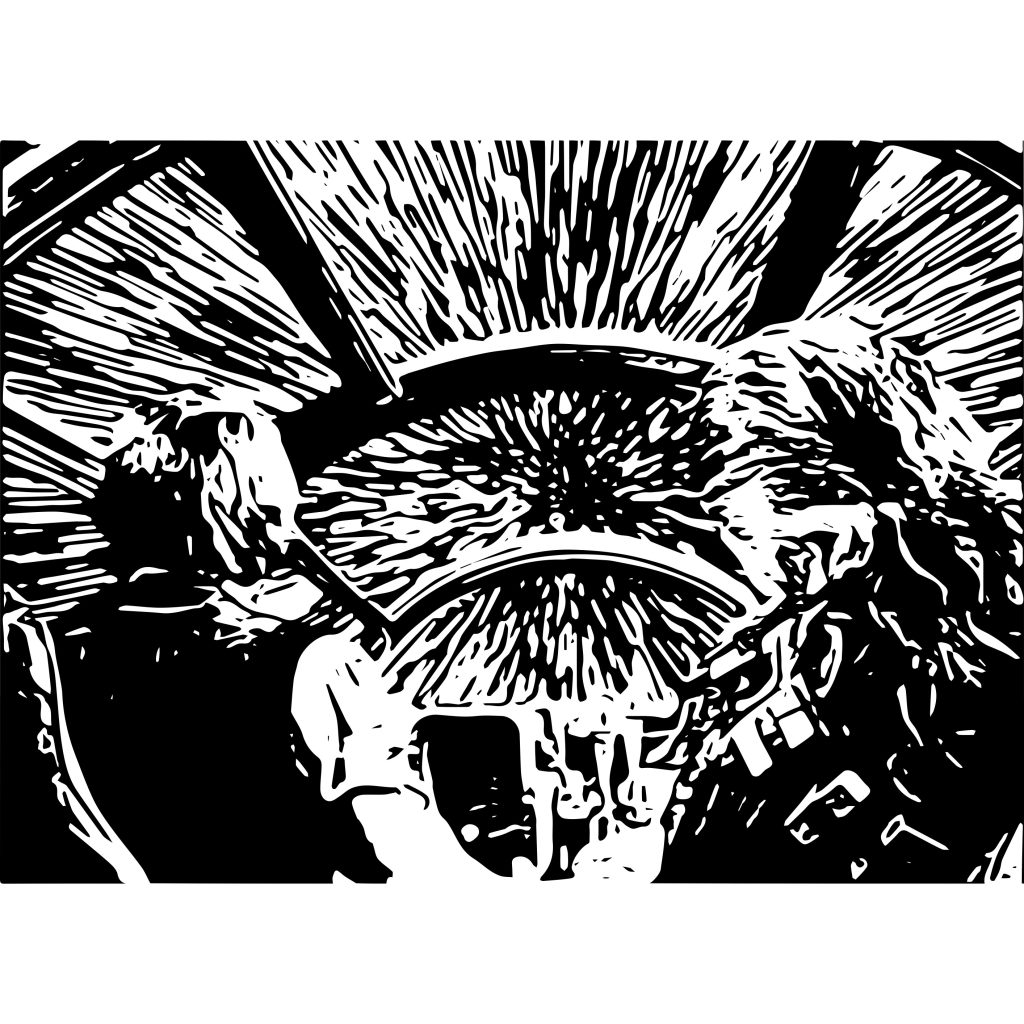 Stylized illustration of characters in a spacecraft, depicting motion through space, conveying adventure and excitement.